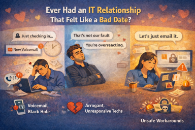 Illustration showing common IT frustrations: delayed support responses, dismissive technicians, and employees forced into unsafe workarounds to get work done.