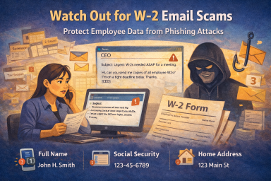 Illustration showing an employee reviewing a suspicious email requesting W-2 forms while a hidden attacker attempts to steal employee personal and payroll information.