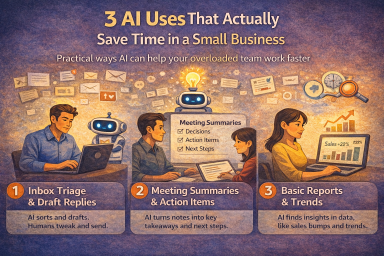 Illustration showing three practical AI uses for small businesses: email inbox triage, meeting summaries with action items, and basic reporting to identify trends and insights.