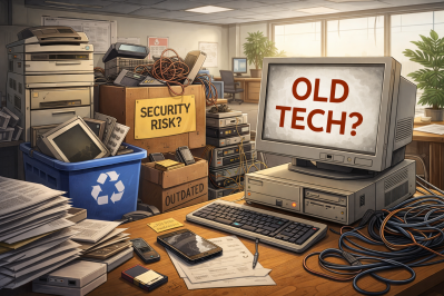 Office space with old technology items.